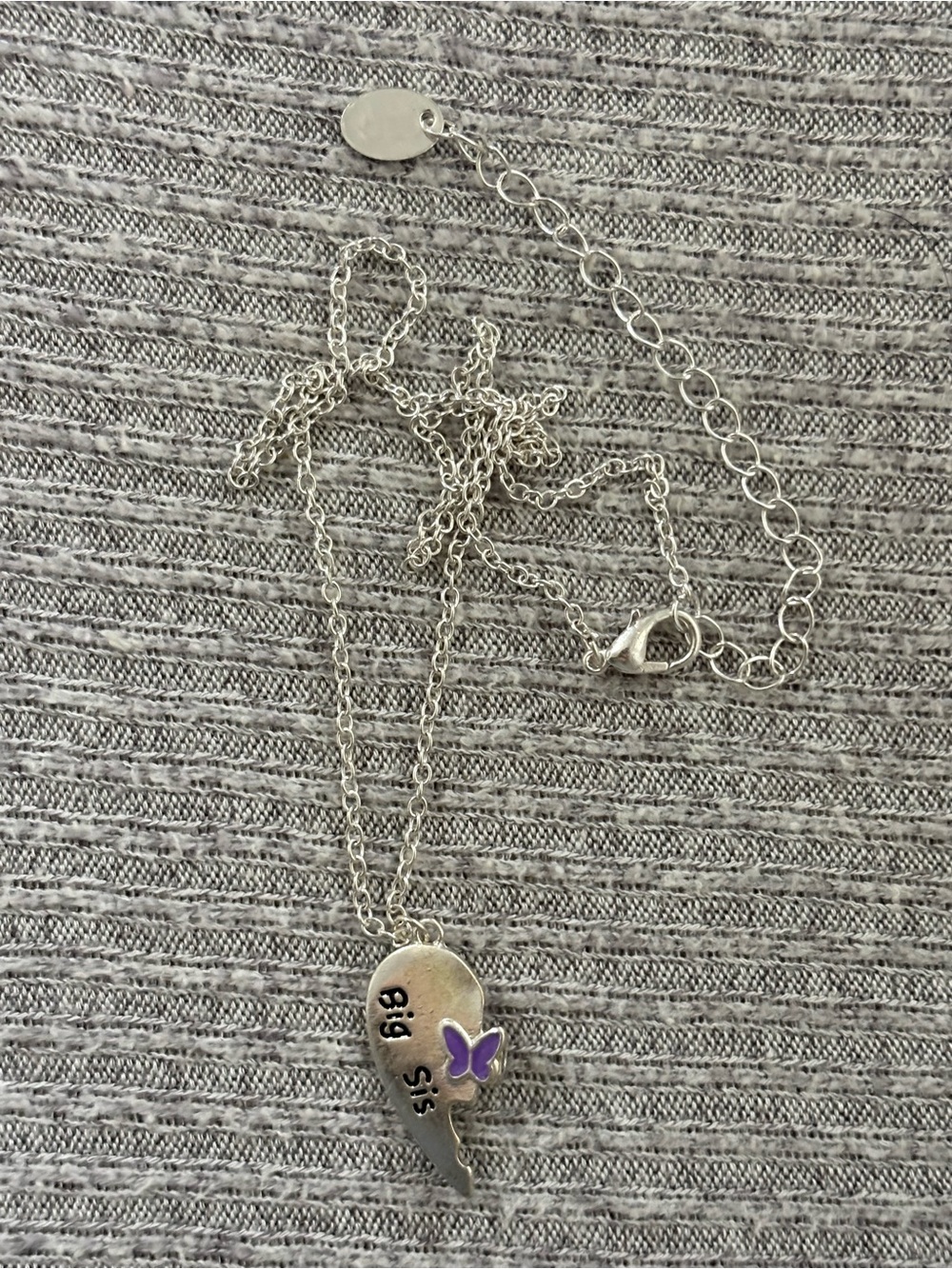 Vintage silver tone half heart “Big Sis” pendant adjustable chain necklace